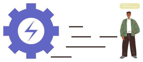 Gear with lightning bolt symbol beside a person in casual attire. Representation of energy, technology, efficiency, innovation. Ideal for sustainability, power, teamwork, productivity renewable
