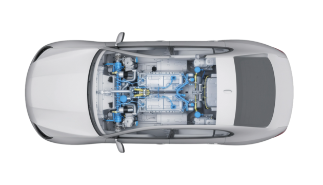 Hydrogen fuel generic car technical cutaway 3d rendering with all main details of HV system in ghost effect.  - Powered by Adobe