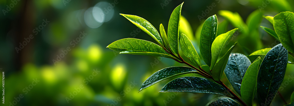 Poster close up of nature view green leaf on blurred greenery background under sunlight with bokeh and copy