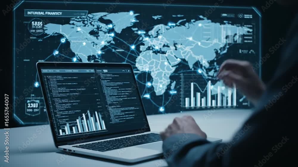 Poster global financial analyst working on laptop - a financial analyst uses banking analysis software on t