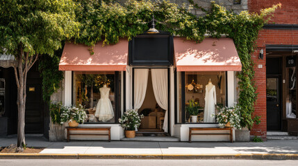 Fototapeta premium Charming wedding dress boutique with elegant storefront and a beautiful display.