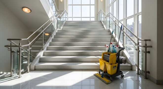 Professional Cleaning Equipment in a Bright Stairwell with Natural Light.