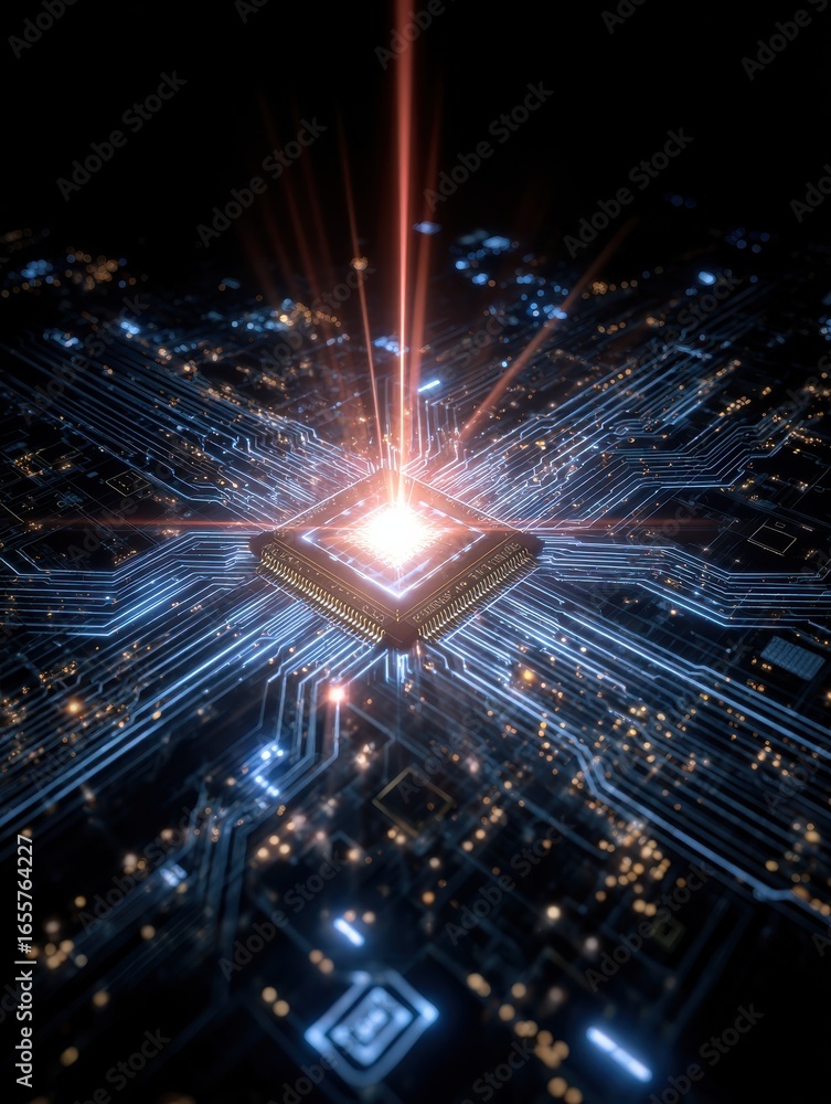 Poster vibrant visualization of an ai chip with laser beams emanating from it connecting to various digital