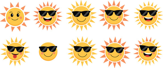 Cute cartoon sun faces vector set with sunglasses, smiling happy sunshine icons, summer weather illustration, emoji style symbols, bright design