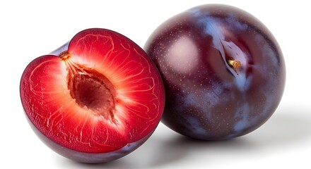 Ripe plum cut in half showing juicy red flesh and seed