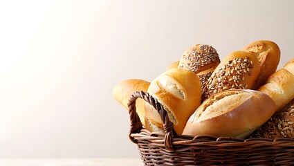 Rustic wicker basket brimming with an abundant variety of golden freshly baked breads and rolls on a light background with copy space.