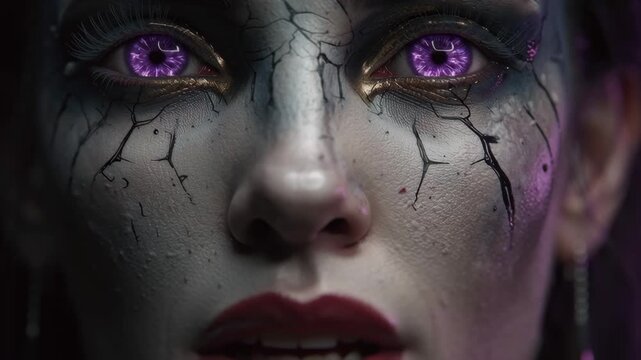 Close up humanoid face glowing purple eyes cracked skin texture creating mysterious intense eerie expression atmosphere close