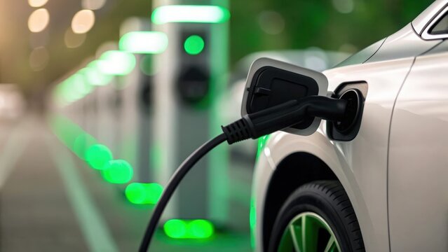 Close-up of hybrid car battery charging with green energy — sustainable automotive concept