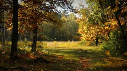 Fototapeta premium Enchanting Beginning of Autumn: Crisp Air, Golden Leaves, and Harvest Vibes Marking the Onset of Fall, Featuring Cozy Sweaters, Pumpkin Patches, and Sunset Hues, Perfect for Seasonal Art, Lifestyle Ph