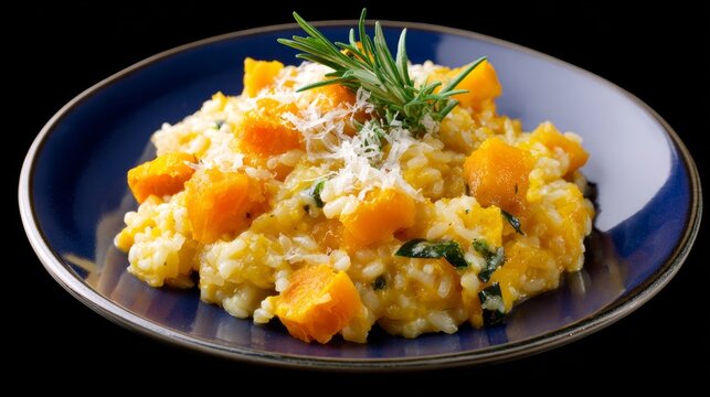 Golden pumpkin risotto with rosemary, a cozy autumnal embrace, reminiscent of Samhain feasts and harvest gatherings