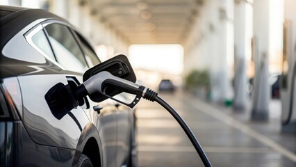 Electric hybrid car charging at modern station — promoting environmentally friendly transportation