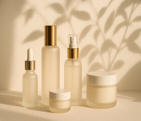 Natural skincare products with soft leaf shadow lighting on a neutral background