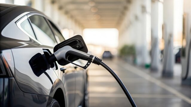 Electric hybrid car charging at modern station — promoting environmentally friendly transportation
