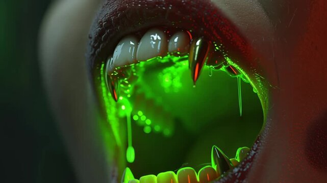 Vampire mouth sharp fangs dripping glowing green liquid lips dark eerie close up teeth glowing inside mouth dripping liquid
