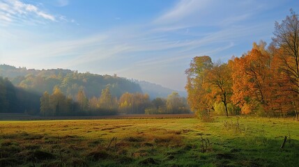 Fototapeta premium Enchanting Beginning of Autumn: Crisp Air, Golden Leaves, and Harvest Vibes Marking the Onset of Fall, Featuring Cozy Sweaters, Pumpkin Patches, and Sunset Hues, Perfect for Seasonal Art, Lifestyle Ph