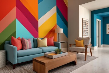 Contemporary lounge area placed against dynamic bold colorful patterned wall