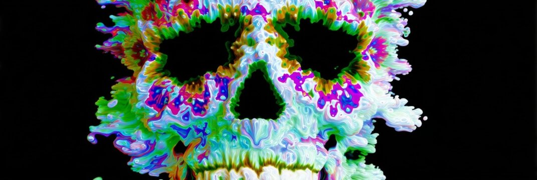 Psychedelic explosion forms a vibrant kaleidoscope skull, embodying Dia de los Muertos and cosmic transcendence in surreal artistry