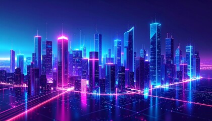 Neon-lit cityscape at night, vibrant colors reflecting on a futuristic road network