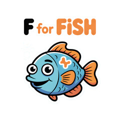F for fish sticker, sticker-like bruise, and "F for fish" in bold, friendly letters.  "F" alphabet