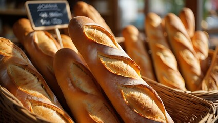Close-up of fresh golden French baguettes with characteristic scoring, neatly arranged in a rustic wicker basket at a bakery.