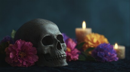 Crimson and violet blooms encircle a skull amid flickering candles, echoing Dia de los Muertos' reflective, ethereal ambiance