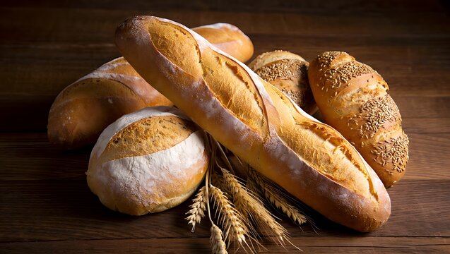 Artful arrangement of golden artisan bread loaves, including a long baguette and rustic boules, with wheat stalks on a dark wooden table.
