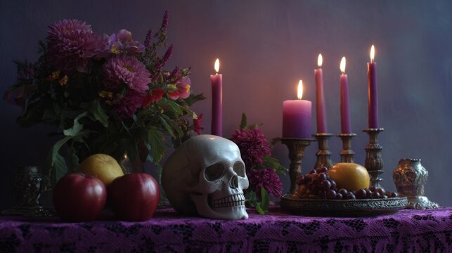 Gothic skull tableau with flickering amethyst candles and ripe fruits, evoking Dia de los Muertos and Samhain mystique