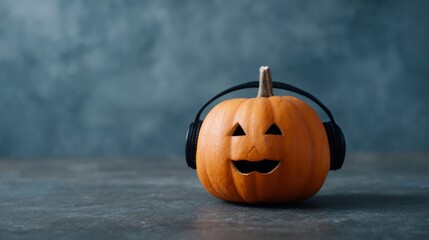 Jack-o'-lantern wearing headphones grooving to pumpkin tunes, perfect for quirky Halloween playlists and World Audio Day celebrations