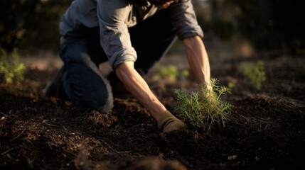 A sunlit, rugged male gardener of indeterminate ethnicity tends vibrant seedlings, celebrating Earth Day and National Plant a Flower Day