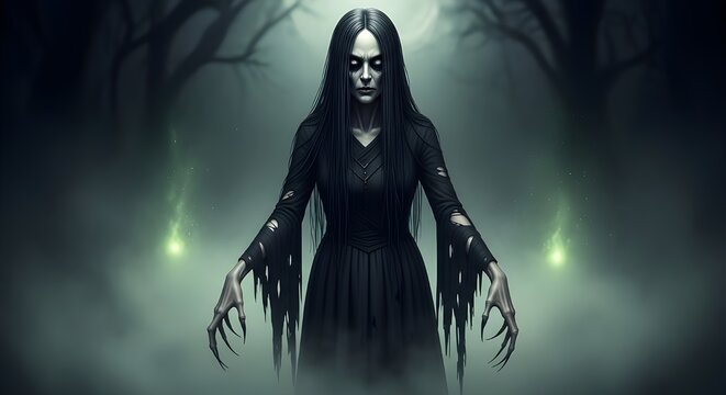 Creepy woman in black dress with long hair and sharp nails in misty forest