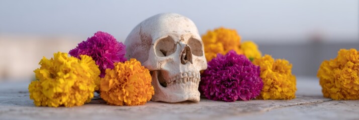 Weathered skull cradled by vibrant marigolds, echoing Dia de los Muertos, ancestral reverence, and ethereal vibrancy amid stillness
