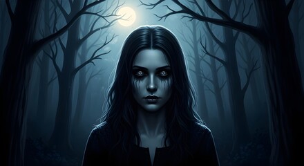 Eerie woman with glowing eyes in dark forest at night