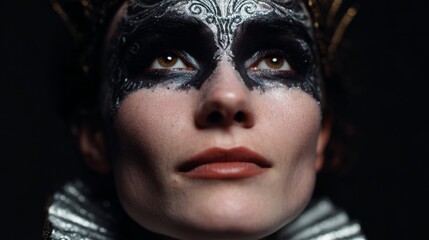 Gothic elegance unfurls as a European woman dons intricate face art, evoking Samhain and Carnaval de Dunkerque