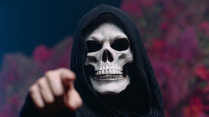 A skeletal figure cloaked in shadow points ominously, conjuring Samhain's mystique and Dia de los Muertos reverence