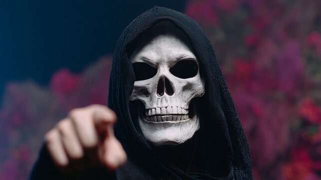 A skeletal figure cloaked in shadow points ominously, conjuring Samhain's mystique and Dia de los Muertos reverence