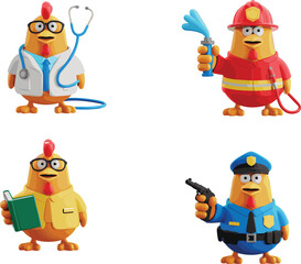 Funny cartoon chicken characters in professions, doctor, firefighter, teacher, policeman, cute animal mascot, education clipart, farm animal jobs set