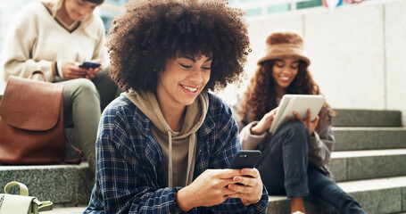 Stairs, happy and woman with smartphone, texting and communication with contact, online and...