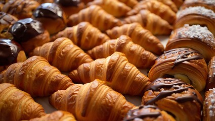 Close-up rows of golden, flaky croissants and chocolate-drizzled pastries creating a tempting, abundant bakery display.