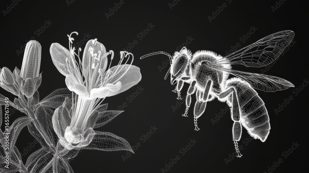 Poster apis cerana bee on a japanese honeysuckle flower pollinating it. 3d wireframe style.black and empty background