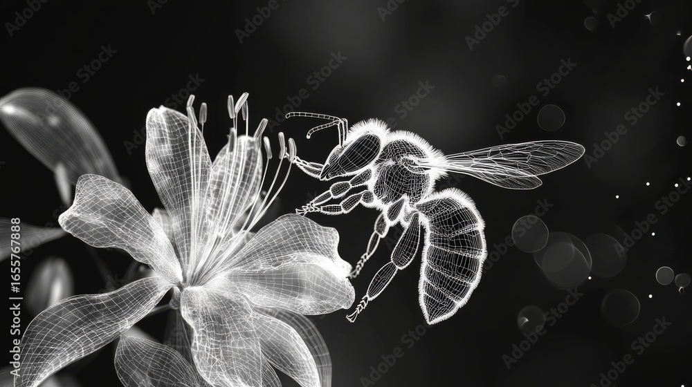 Aufkleber apis cerana bee on a japanese honeysuckle flower pollinating it. 3d wireframe style.black and empty 