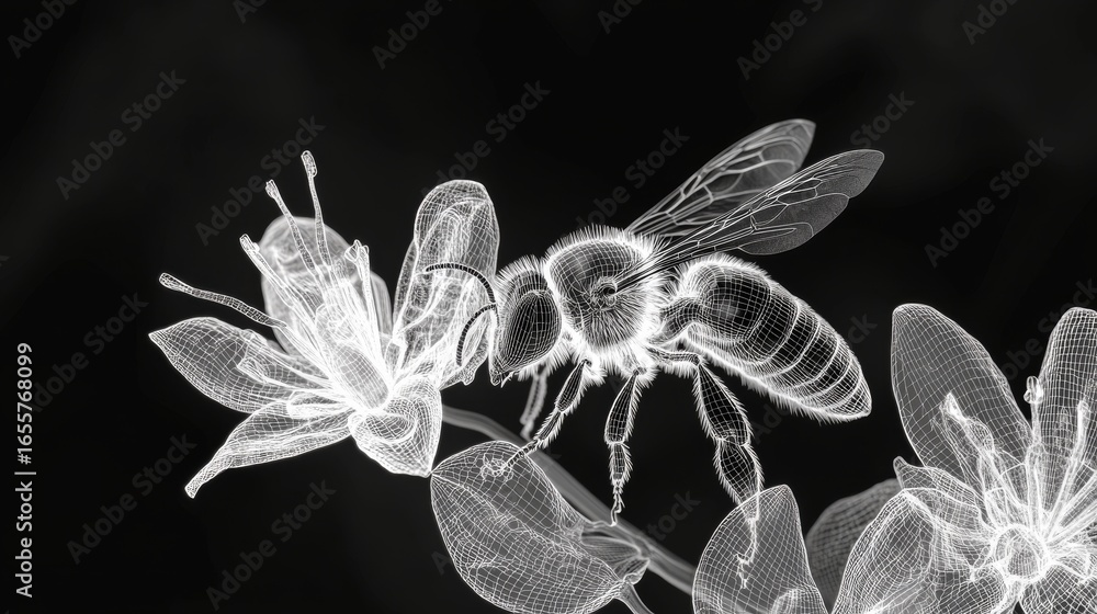 Aufkleber apis cerana bee on a japanese honeysuckle flower pollinating it. 3d wireframe style.black and empty 