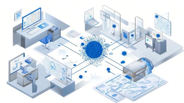A computer network diagram with a large blue circle in the center. Flat illustration of pathogen containment workflow, biosecurity, blue and white color scheme