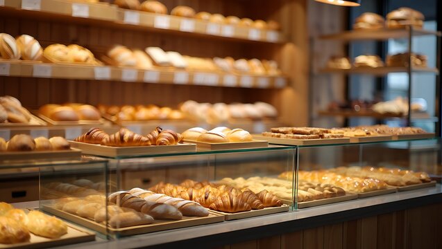Vast modern bakery display with rows of golden croissants and assorted freshly baked artisan breads under warm light.