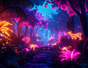 Glowing flora with surreal fauna, is casting colorful illumination. It evokes sense of wonder and amazement