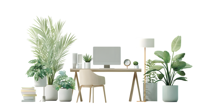 Modern home office with plants, isolated on transparent background