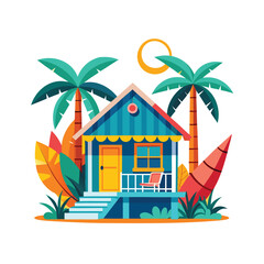 Charming tropical beach bungalow with palm trees and sunny sky