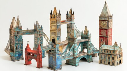 Obraz premium assorted painted distressed metal british themed tower bridge notions on a pristine white background