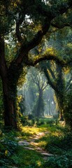 Fototapeta premium Sunlit path through lush green forest