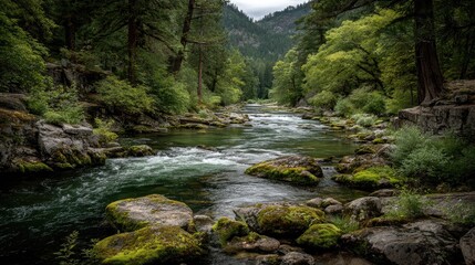 Obraz premium Serene river flows through lush green forest valley