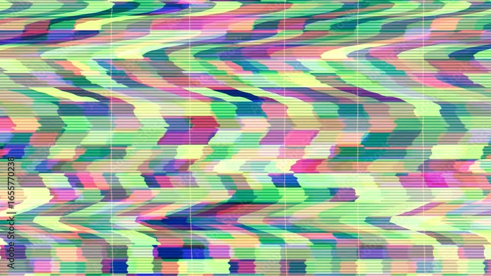 Poster glitches and distortion effects animation with scrolling colored geometric shapes